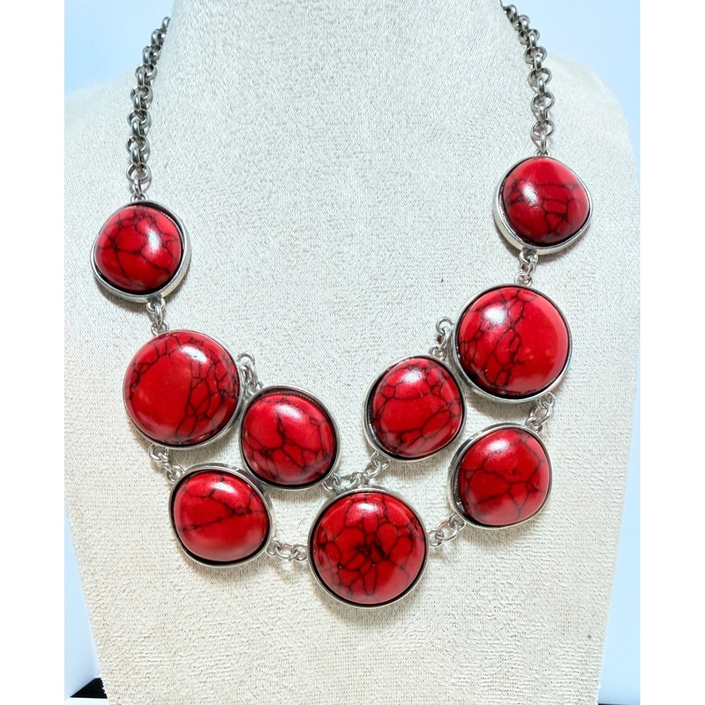 Red Veined Cabochon Bib Necklace Silver Tone Statement Jewelry 22"